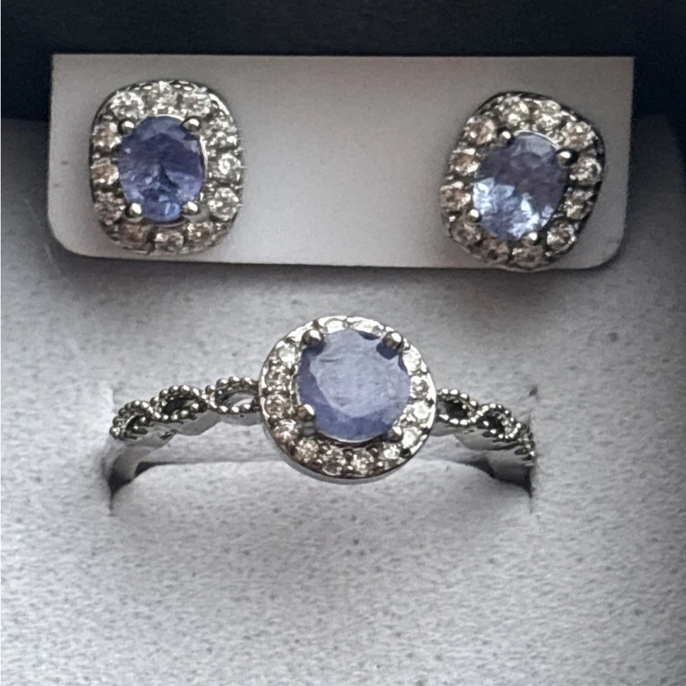 Natural Tanzanite Gemstone Earring & Ring Set | White Gold Plated | Minimalist